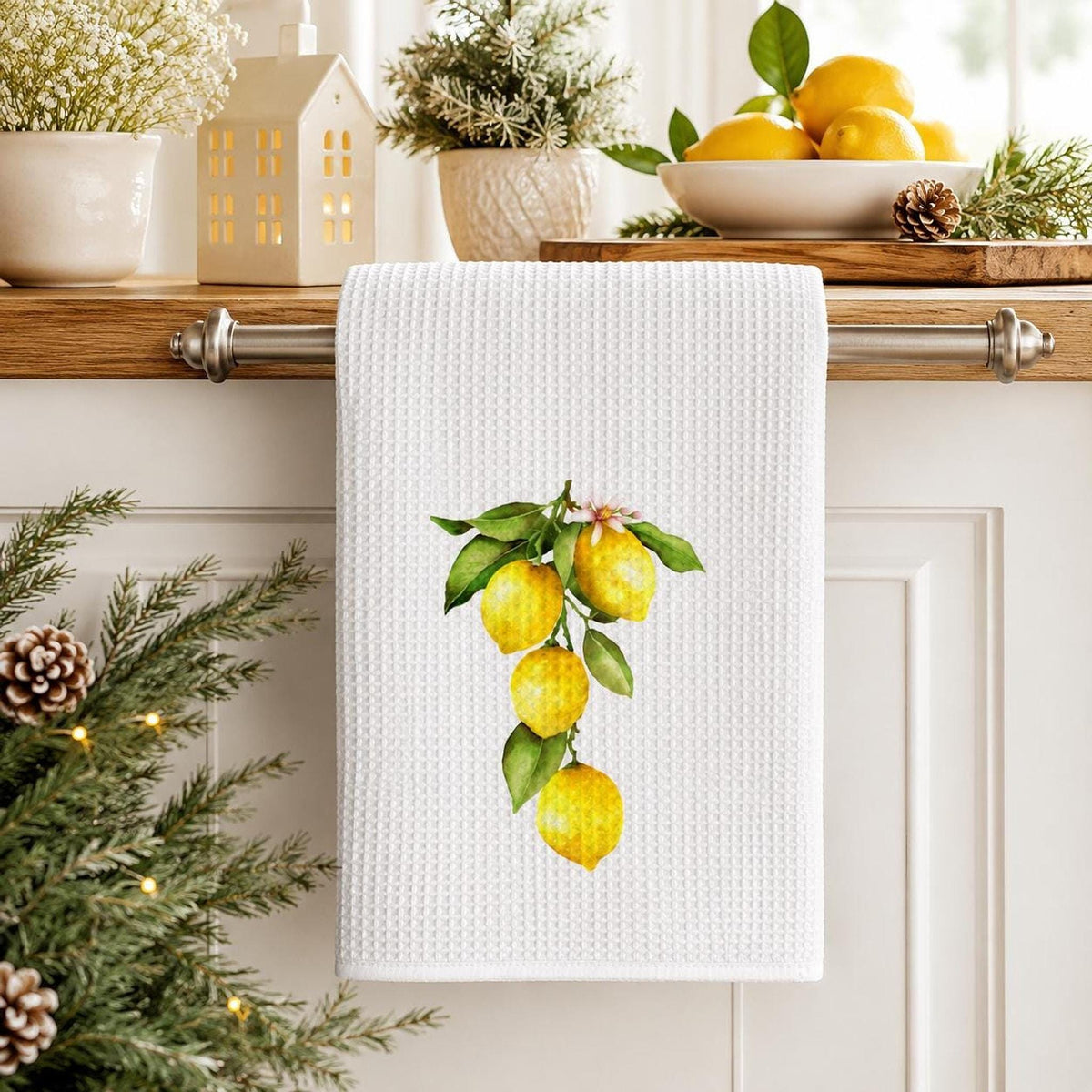 Lemon Waffle Kitchen Towel, Citrus Tea Towel, 3 Botanical Designs, Farmhouse Kitchen Decor