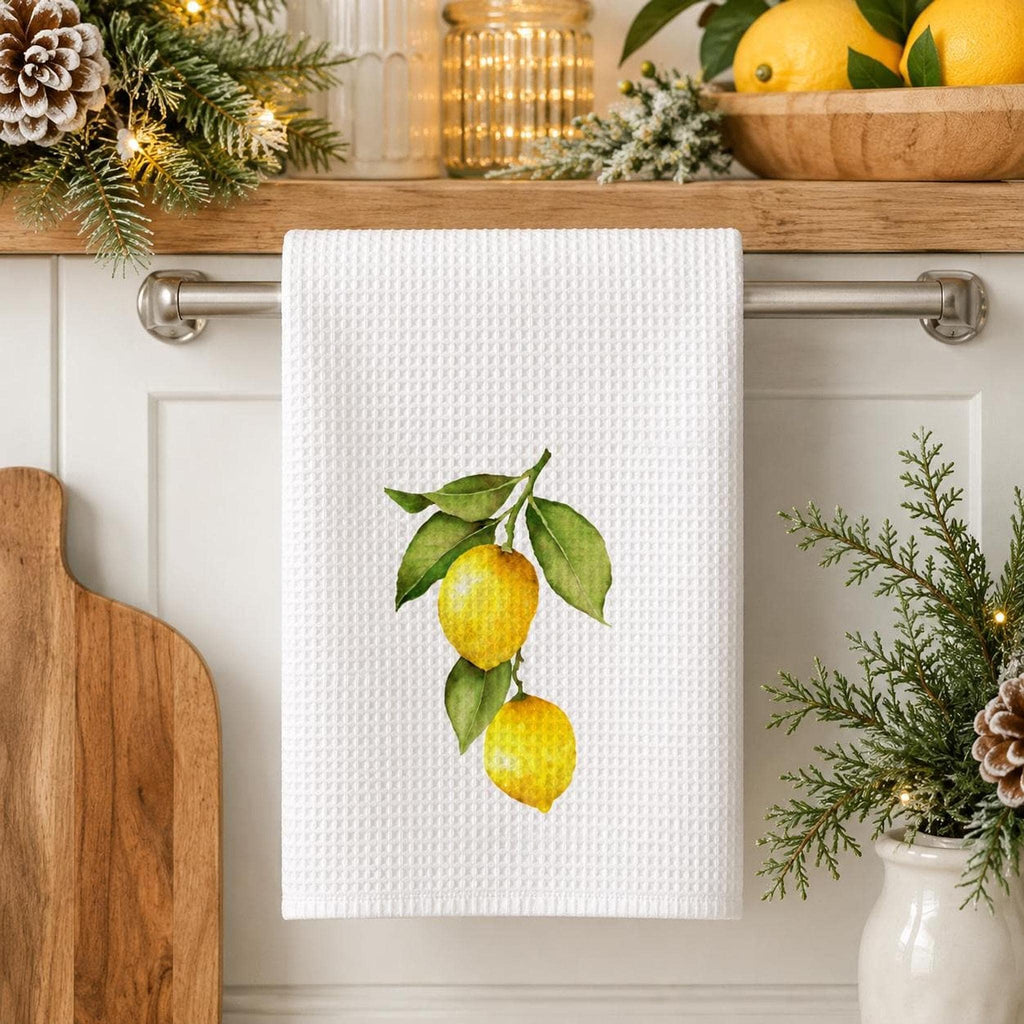Lemon Waffle Kitchen Towel, Citrus Tea Towel, 3 Botanical Designs, Farmhouse Kitchen Decor