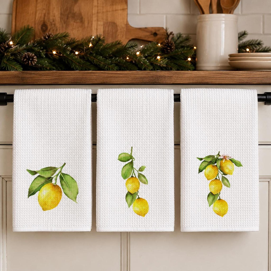Lemon Waffle Kitchen Towel, Citrus Tea Towel, 3 Botanical Designs, Farmhouse Kitchen Decor