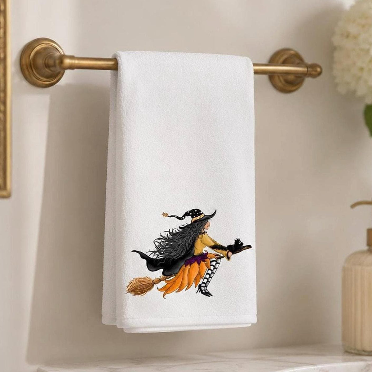 Witch Towel with Whimsical Artwork, Halloween Fingertip for Guest Bath