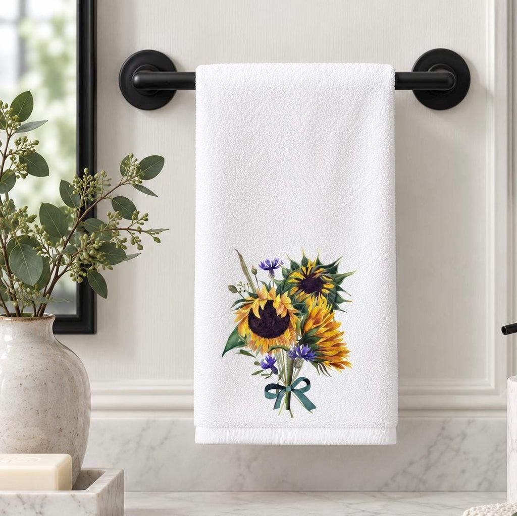 Sunflower Fingertip Towel, Floral Guest Bath Decor, Farmhouse Powder Room Accent, Hostess Gift