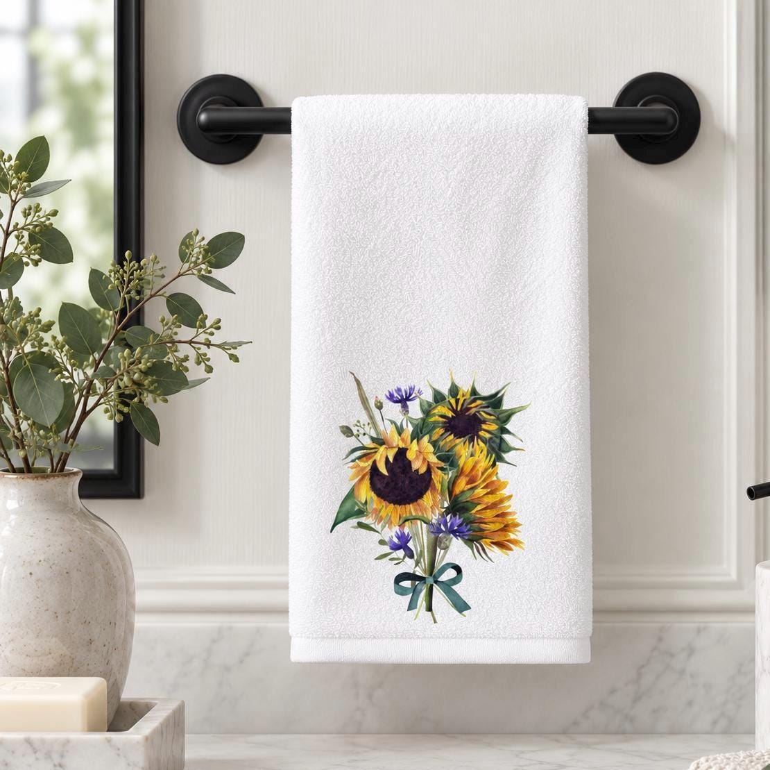 Sunflower Fingertip Towel, Floral Guest Bath Decor, Farmhouse Powder Room Accent, Hostess Gift