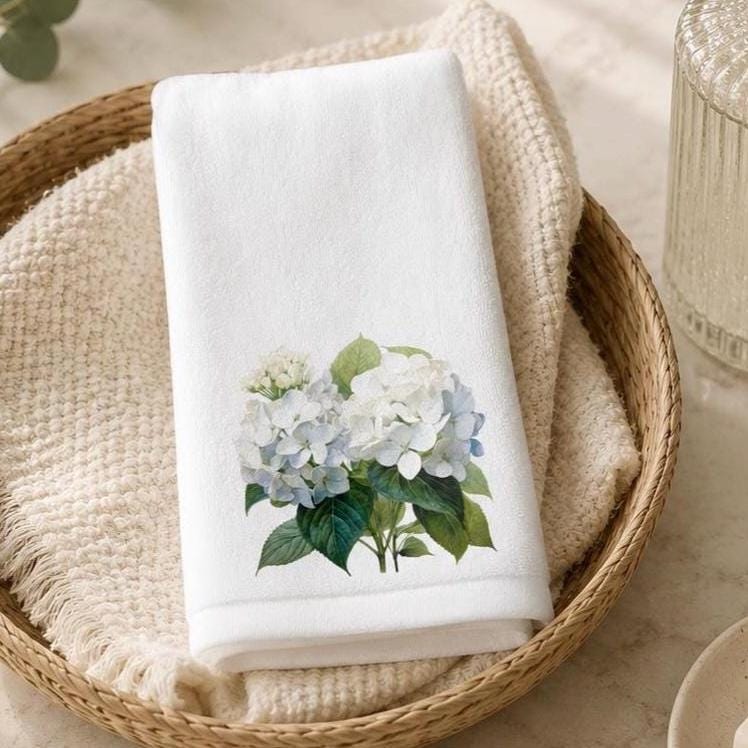 Hydrangea Fingertip Towel, White Floral Guest Bath Decor, Powder Room Accent