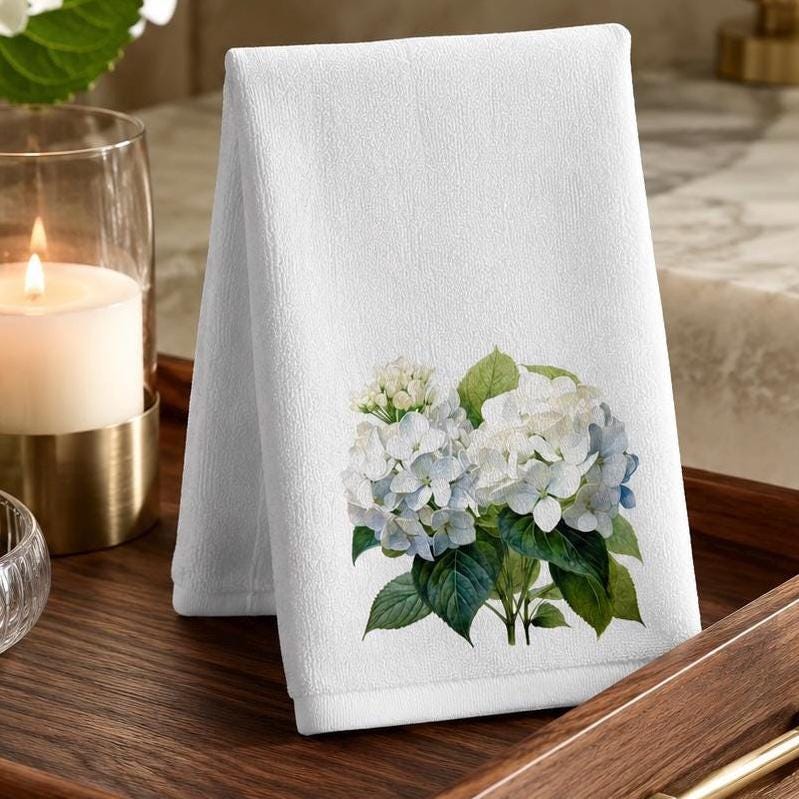Hydrangea Fingertip Towel, White Floral Guest Bath Decor, Powder Room Accent