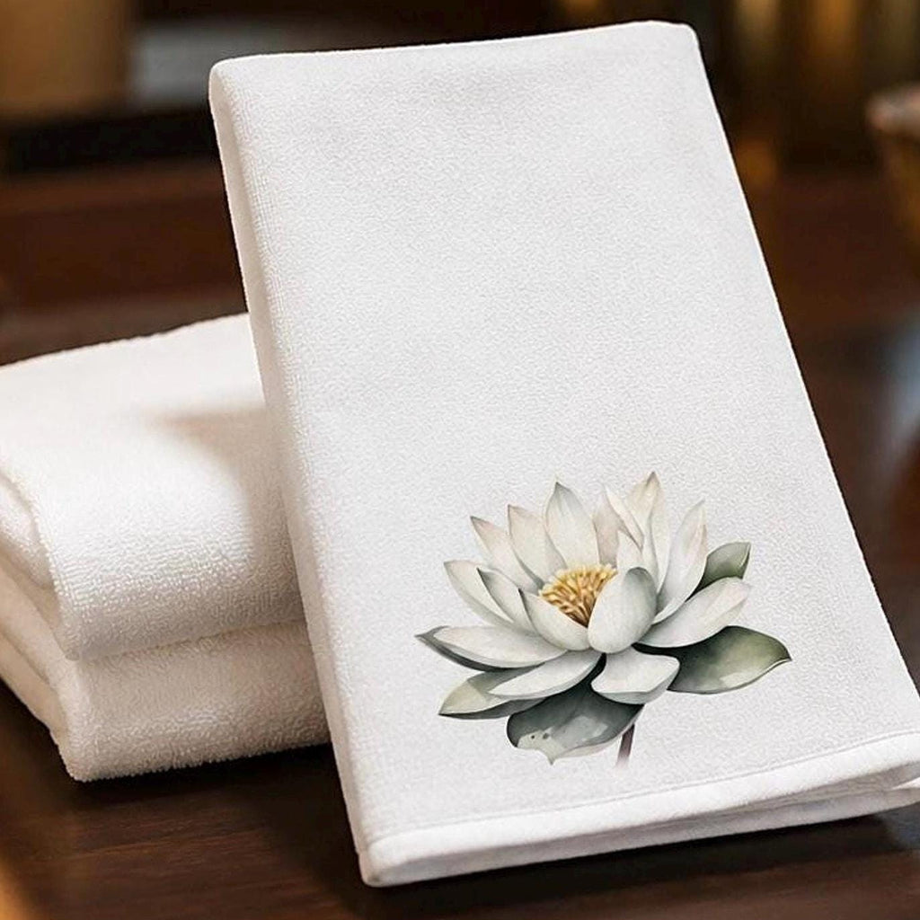 White Lotus Fingertip Towel, Botanical Guest Bath Decor, Spa Floral Accent, Wellness Gift