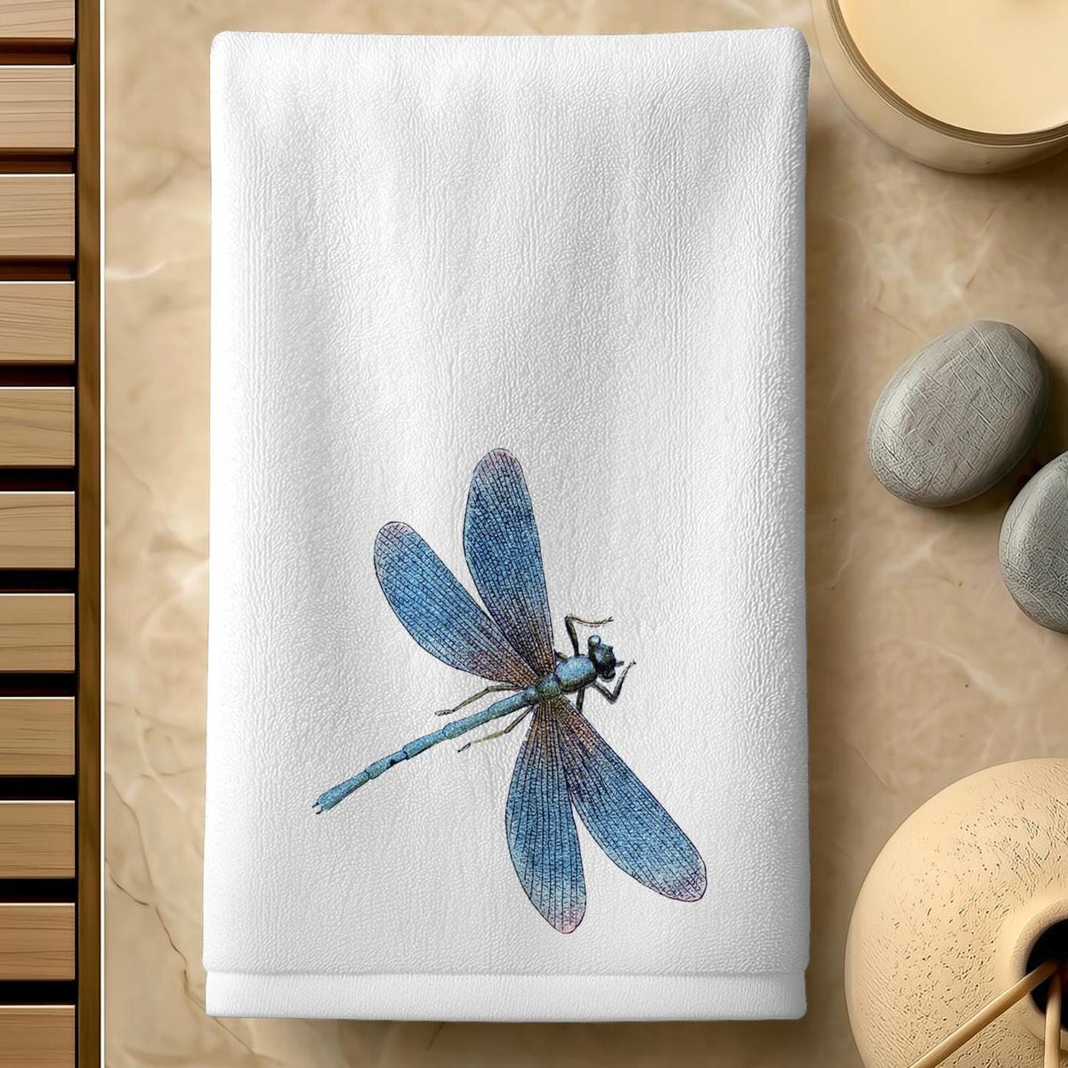 Dragonfly Fingertip Towel, Blue Guest Bath Decor, Nature Powder Room Hand Towel