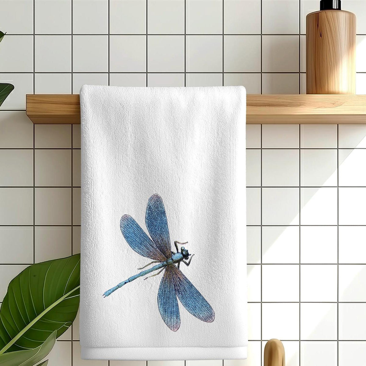 Dragonfly Fingertip Towel, Blue Guest Bath Decor, Nature Powder Room Hand Towel