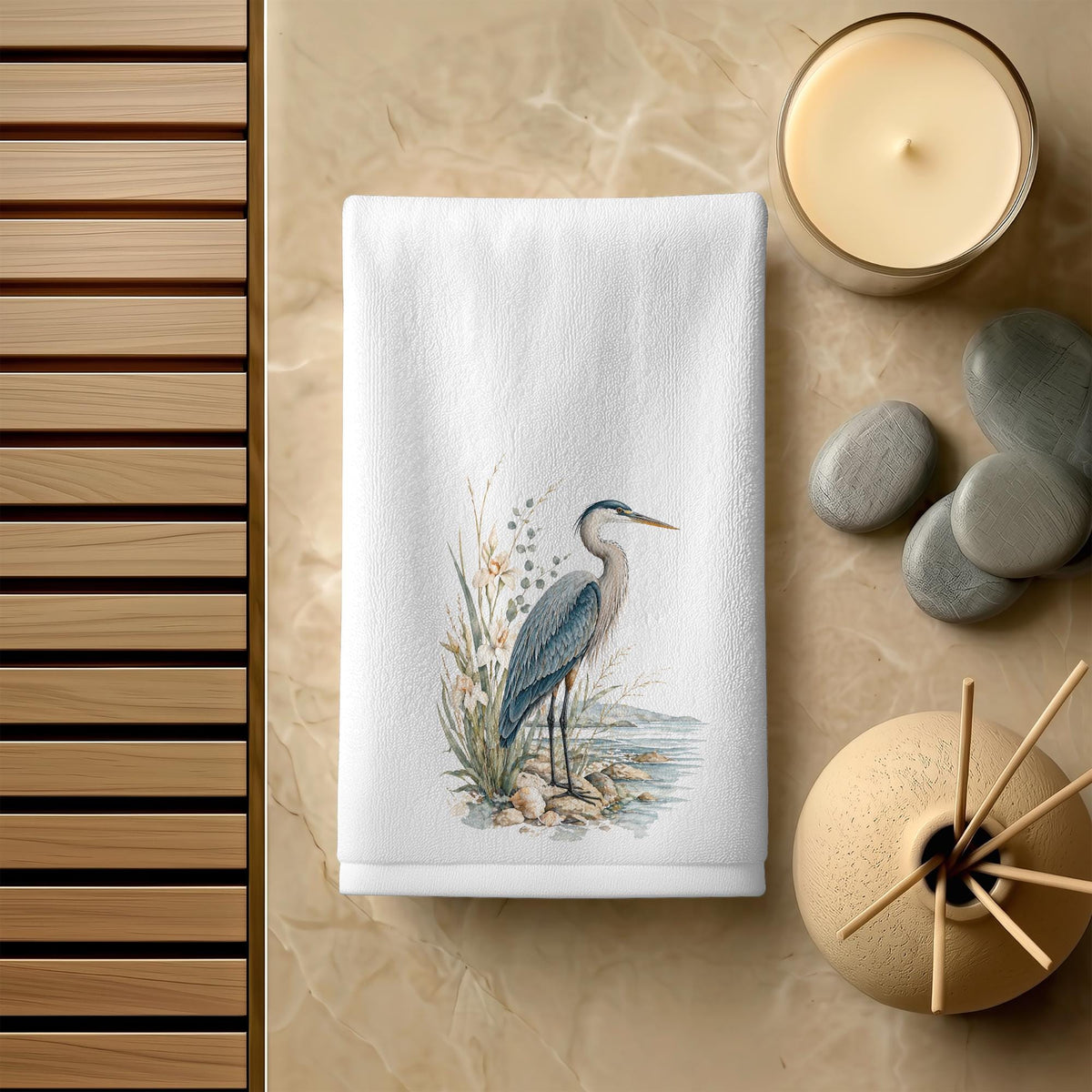Blue Heron Fingertip Towel, Coastal Guest Bath Decor, Seaside Bird Powder Room Accent