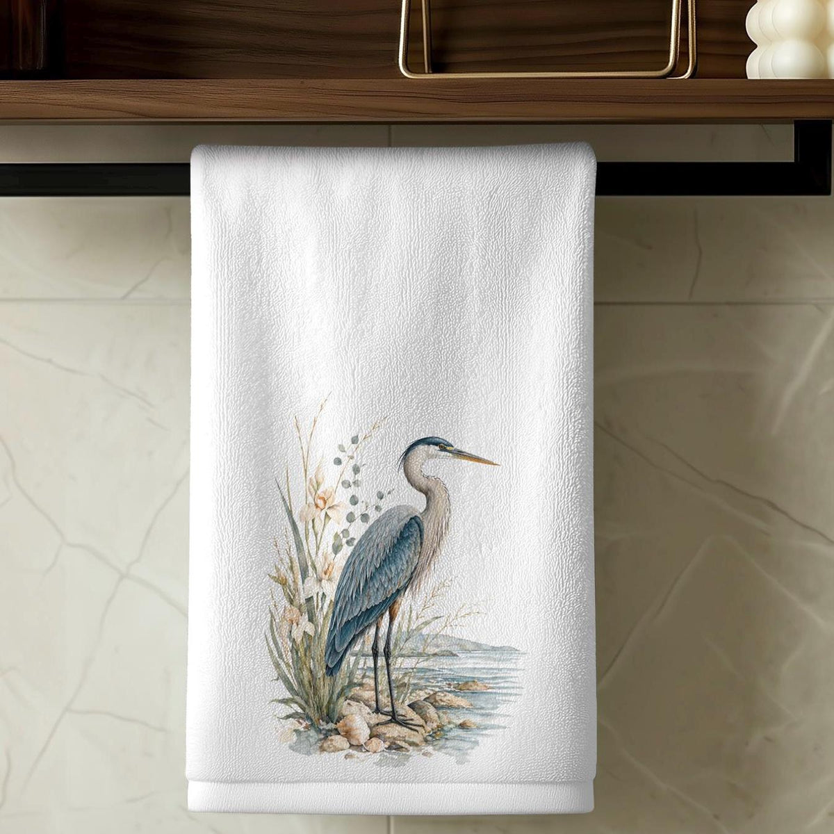 Blue Heron Fingertip Towel, Coastal Guest Bath Decor, Seaside Bird Powder Room Accent