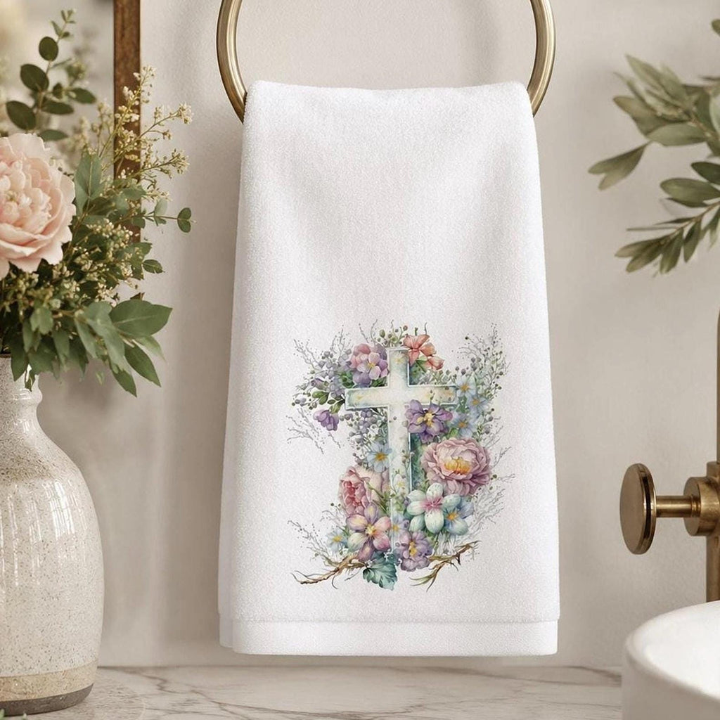 Floral Cross Fingertip Towel, Christian Guest Bath Decor, Easter Faith Gift, Religious Home Accent
