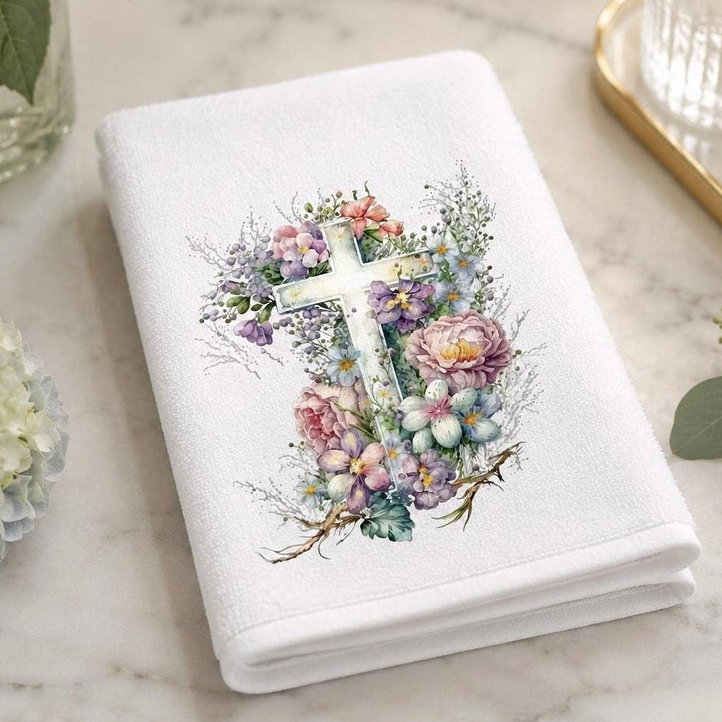 Floral Cross Fingertip Towel, Christian Guest Bath Decor, Easter Faith Gift, Religious Home Accent