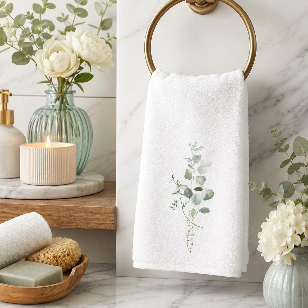 Eucalyptus Towel, Elegant Botanical Hand for Spa Decor