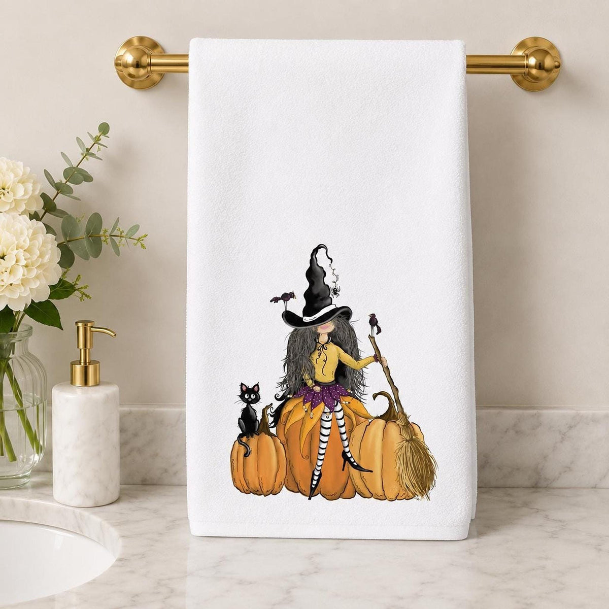 Halloween Hand Towel with Witch, Black Cat, and Pumpkins Design