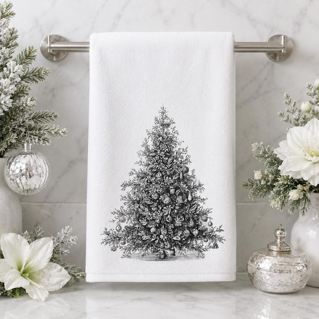 Christmas Hand Towel, Black And White Tree Art, 15 × 25-Inch Powder Room Decor