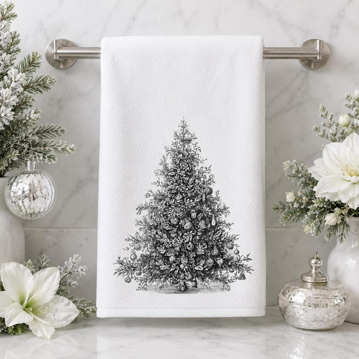 Christmas Hand Towel, Black And White Tree Art, 15 × 25-Inch Powder Room Decor