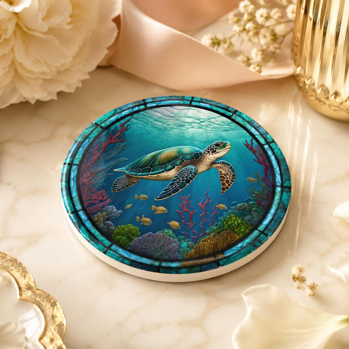 Sea Turtle Ceramic Coaster, Ocean Art Glass Style, Coastal Nautical Beach Decor Gift