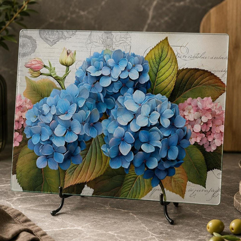 Glass Cutting Board, Blue Hydrangea Charcuterie Tray with Floral Artwork