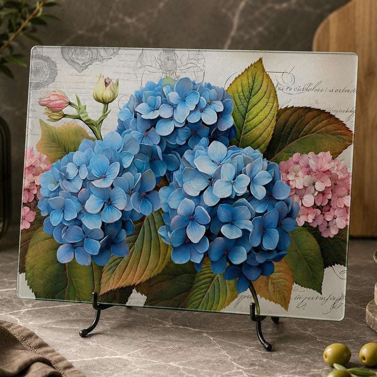 Glass Cutting Board, Blue Hydrangea Charcuterie Tray with Floral Artwork