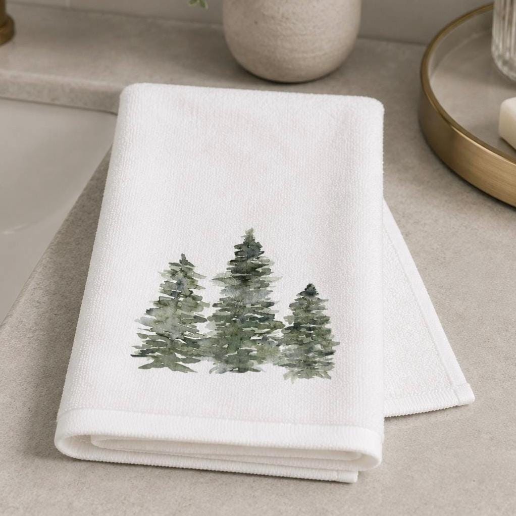 Evergreen Tree Fingertip Towel, Winter Guest Bath Decor, Pine Forest Powder Room Towel