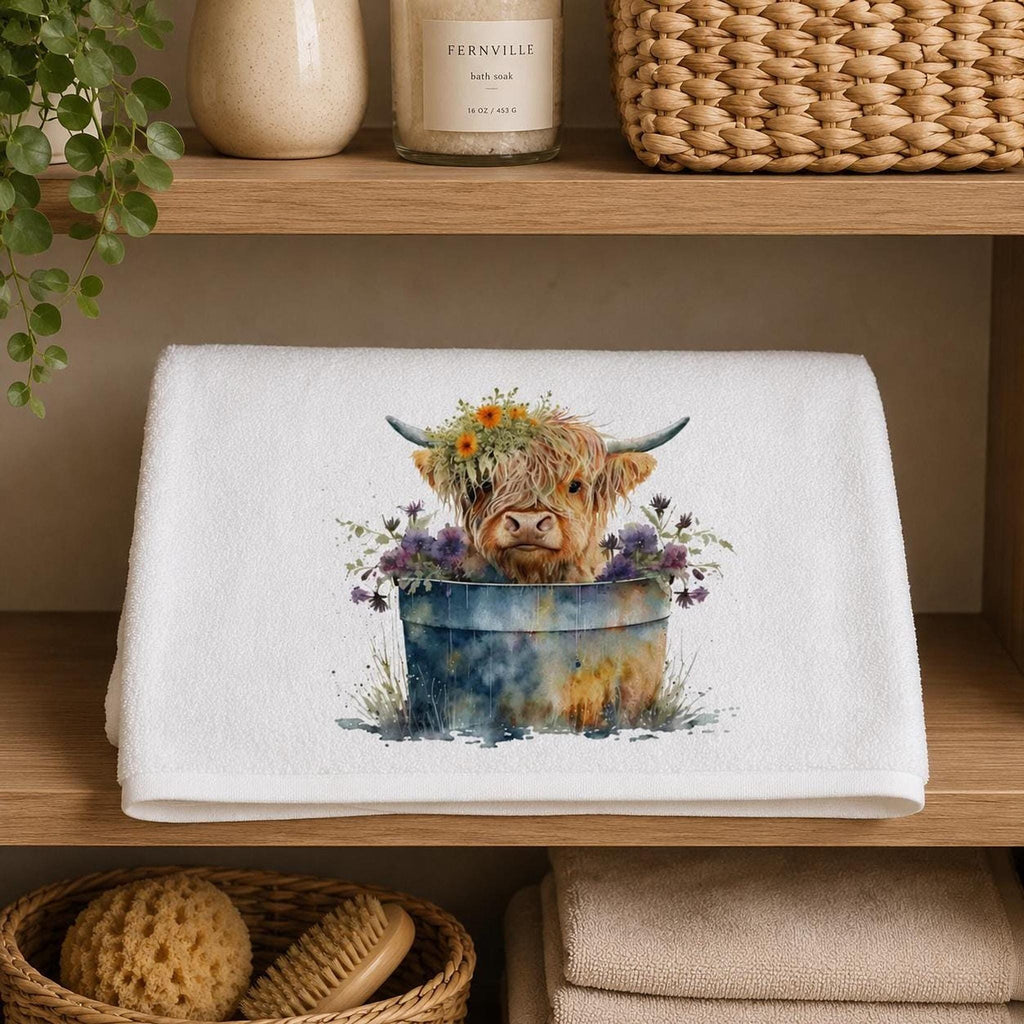 Highland Cow Towel, 24 × 42 Inch White Sheared Polyester Front, Farmhouse Decor