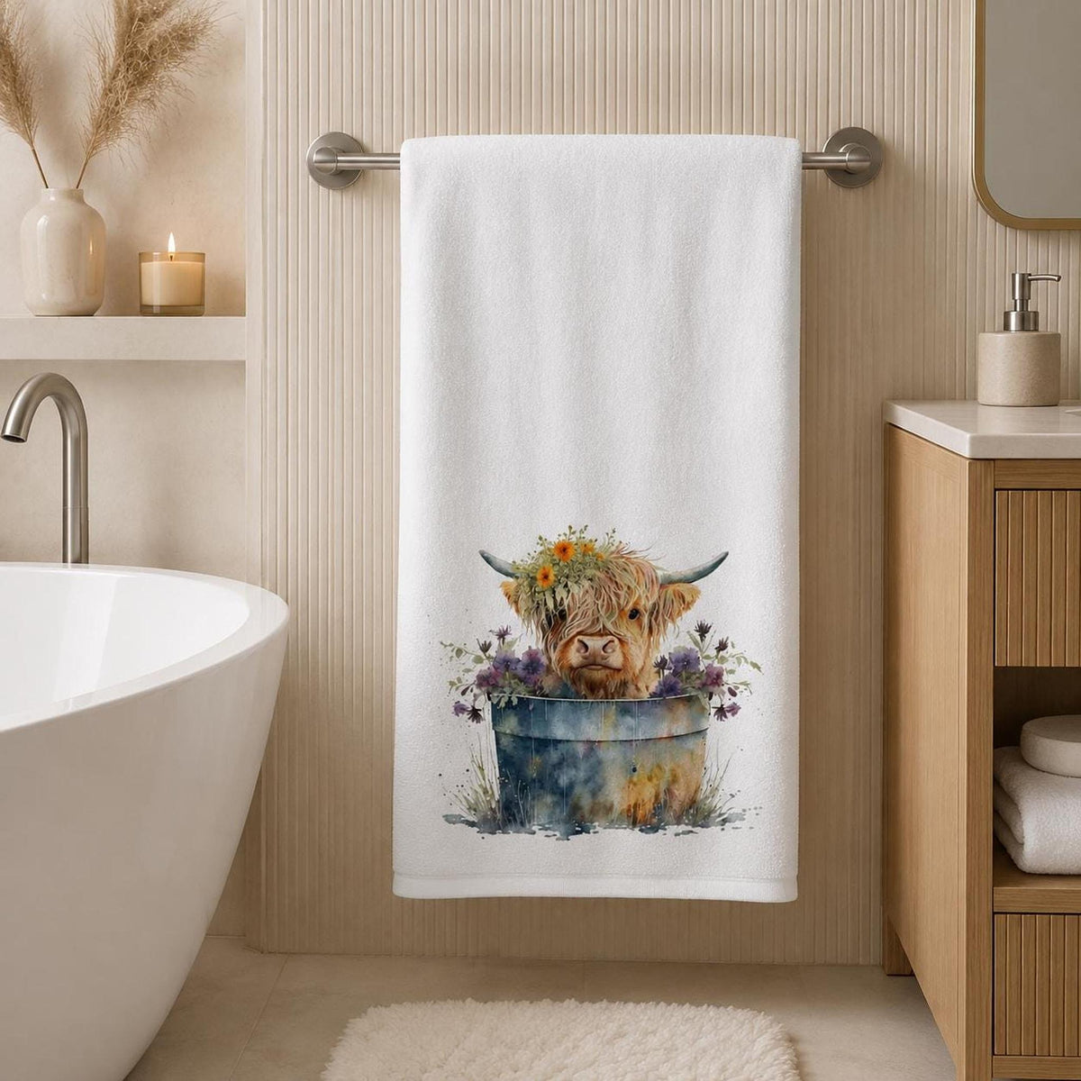 Highland Cow Towel, 24 × 42 Inch White Sheared Polyester Front, Farmhouse Decor