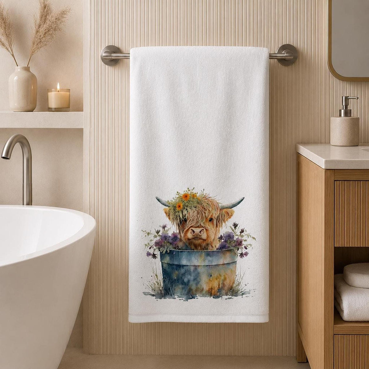 Highland Cow Towel, 24 × 42 Inch White Sheared Polyester Front, Farmhouse Decor