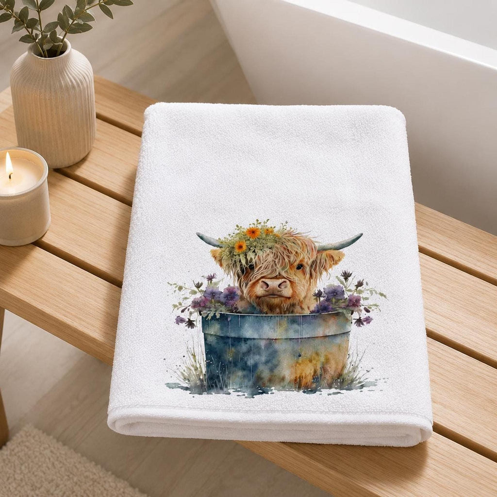 Highland Cow Towel, 24 × 42 Inch White Sheared Polyester Front, Farmhouse Decor