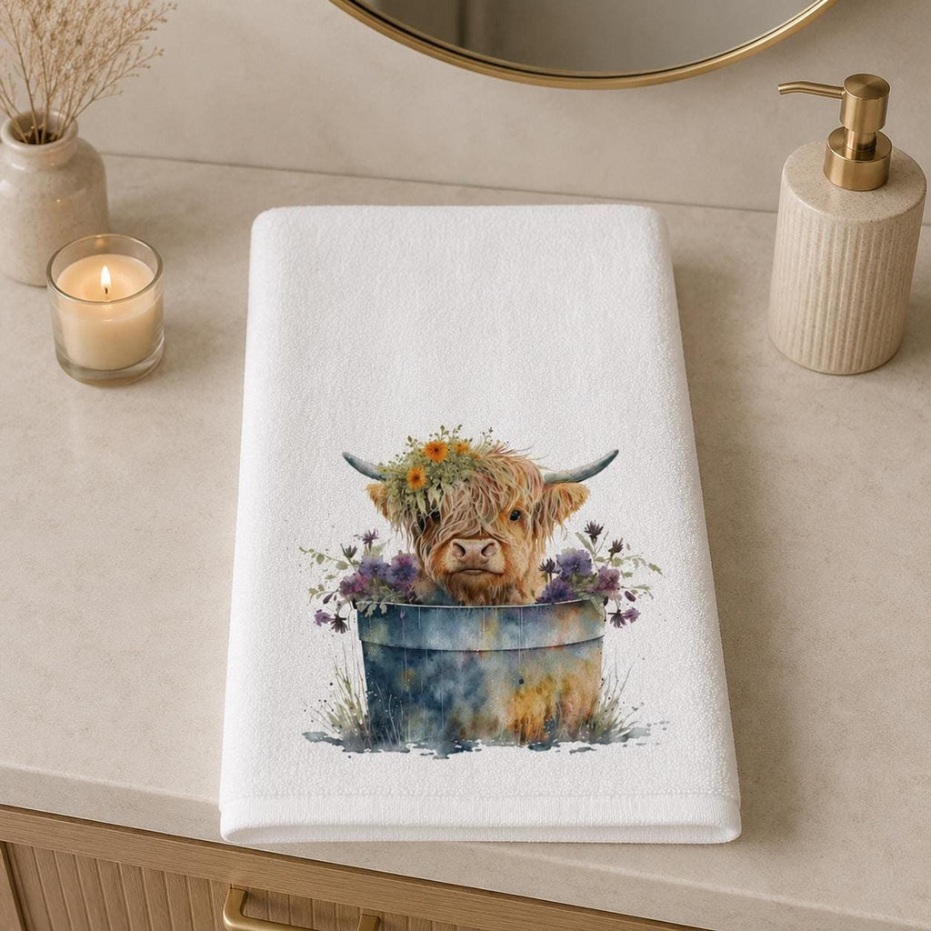 Highland Cow Towel, 24 × 42 Inch White Sheared Polyester Front, Farmhouse Decor