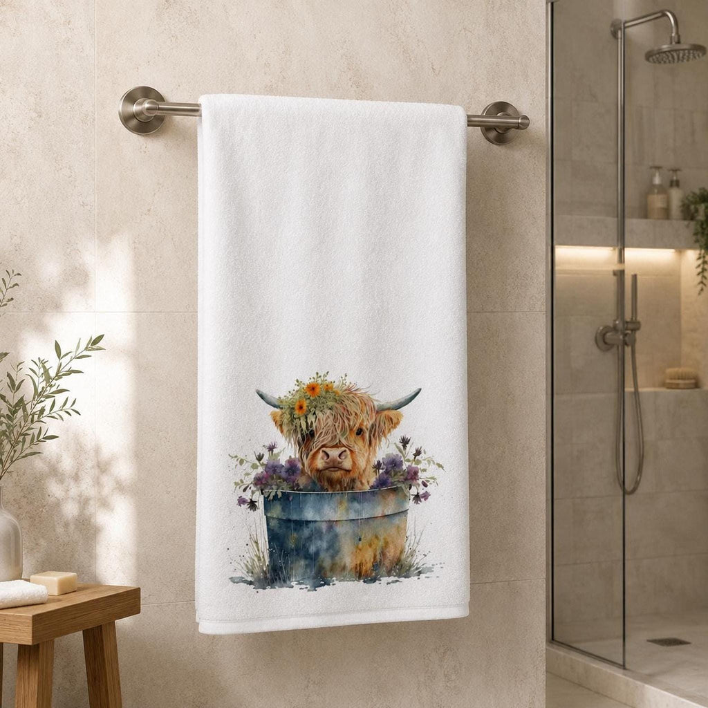 Highland Cow Towel, 24 × 42 Inch White Sheared Polyester Front, Farmhouse Decor