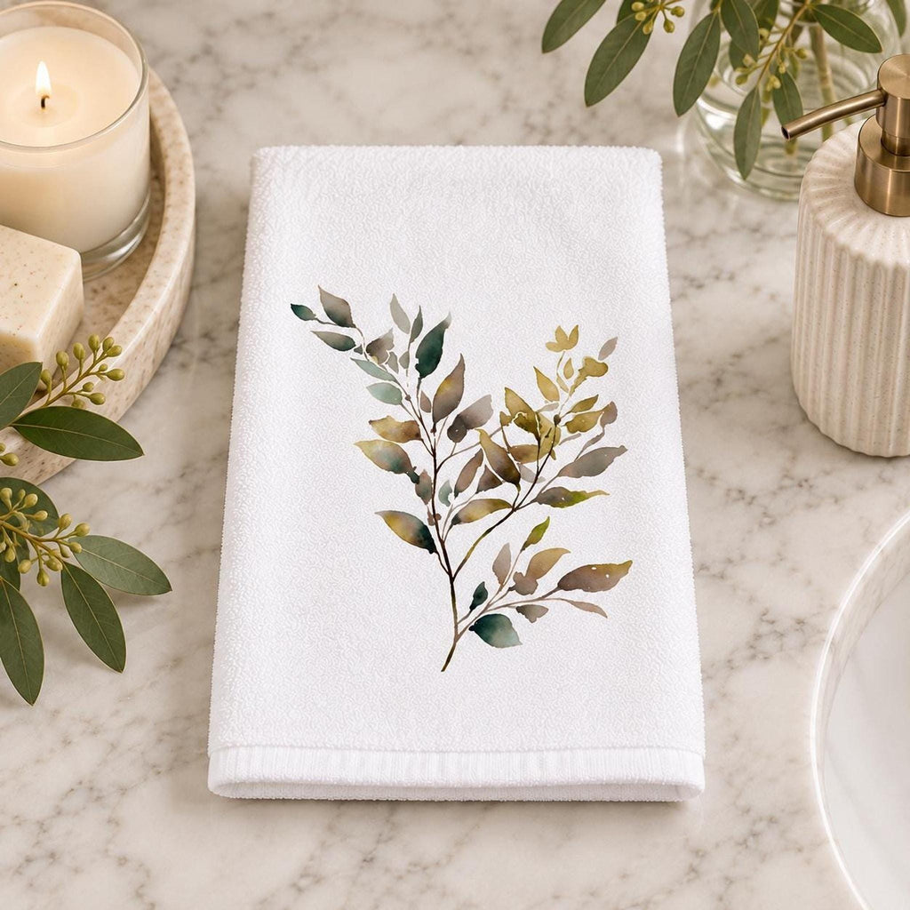Botanical Towel, White Cotton Terrycloth Guest Bathroom Accent