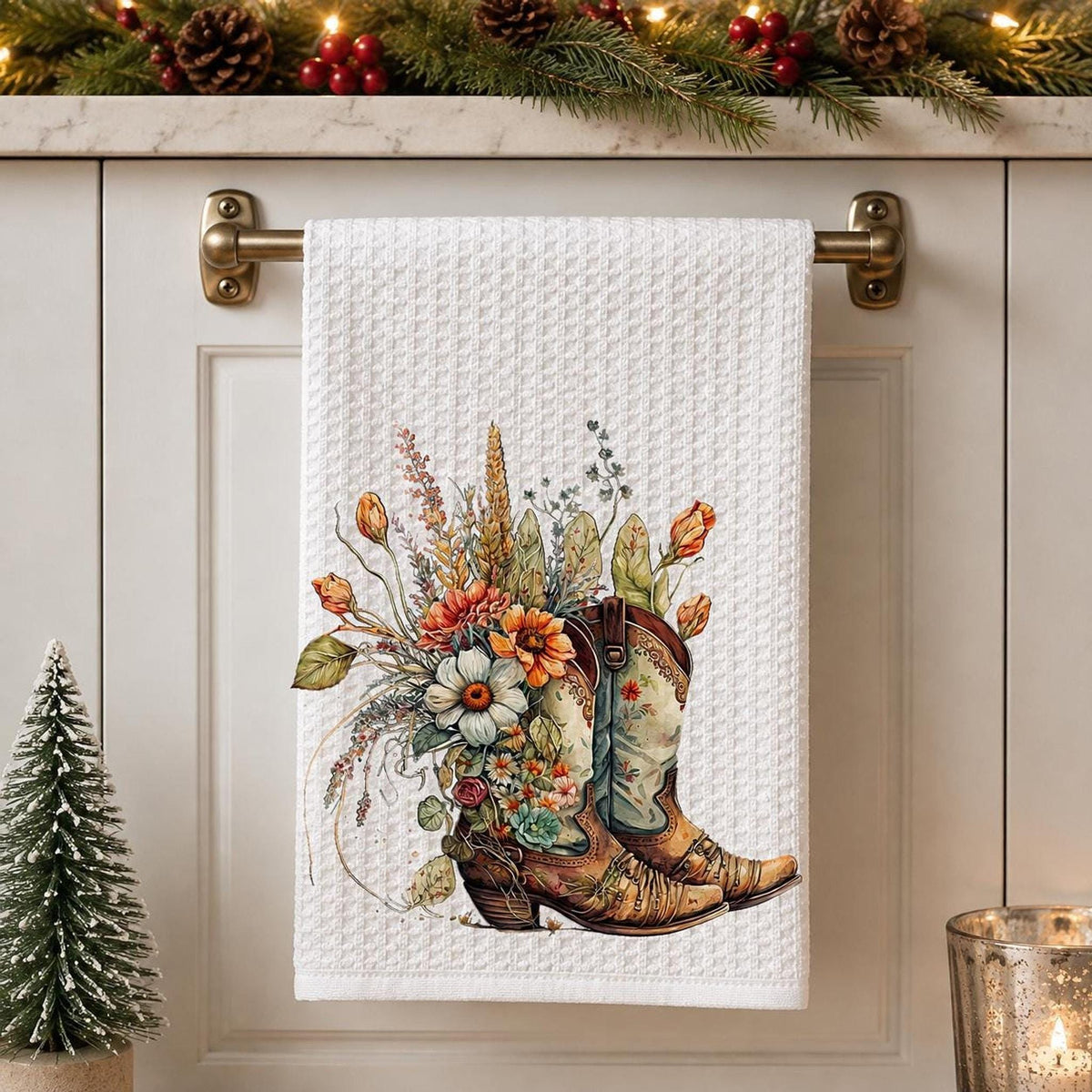 Farmhouse Towel, White Waffle-Weave Kitchen Textile with Floral Cowboy Boots