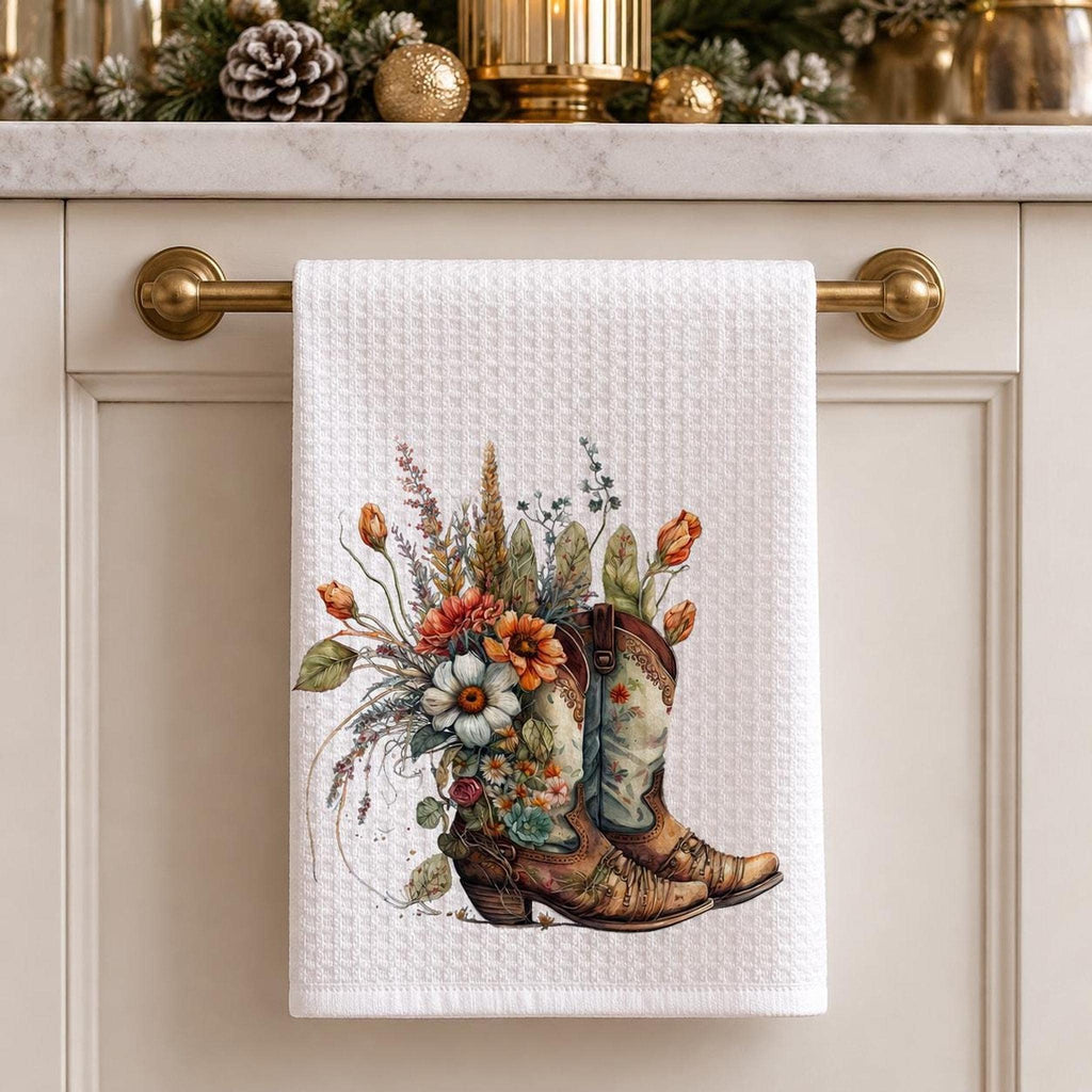 Farmhouse Towel, White Waffle-Weave Kitchen Textile with Floral Cowboy Boots
