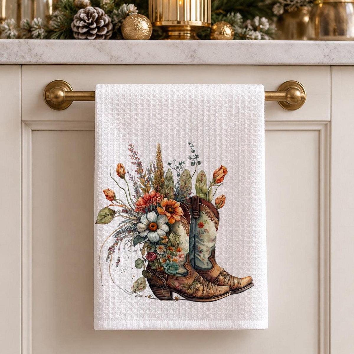 Farmhouse Towel, White Waffle-Weave Kitchen Textile with Floral Cowboy Boots