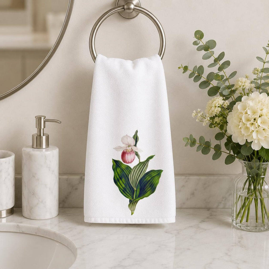 Pink Lady Slipper Hand Towel, Botanical Bathroom Decor, Wildflower Guest Towel, Garden Lover Gift