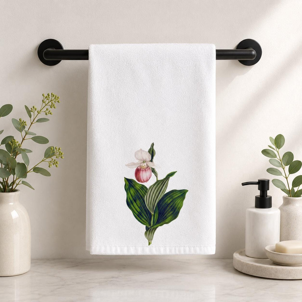 Pink Lady Slipper Hand Towel, Botanical Bathroom Decor, Wildflower Guest Towel, Garden Lover Gift