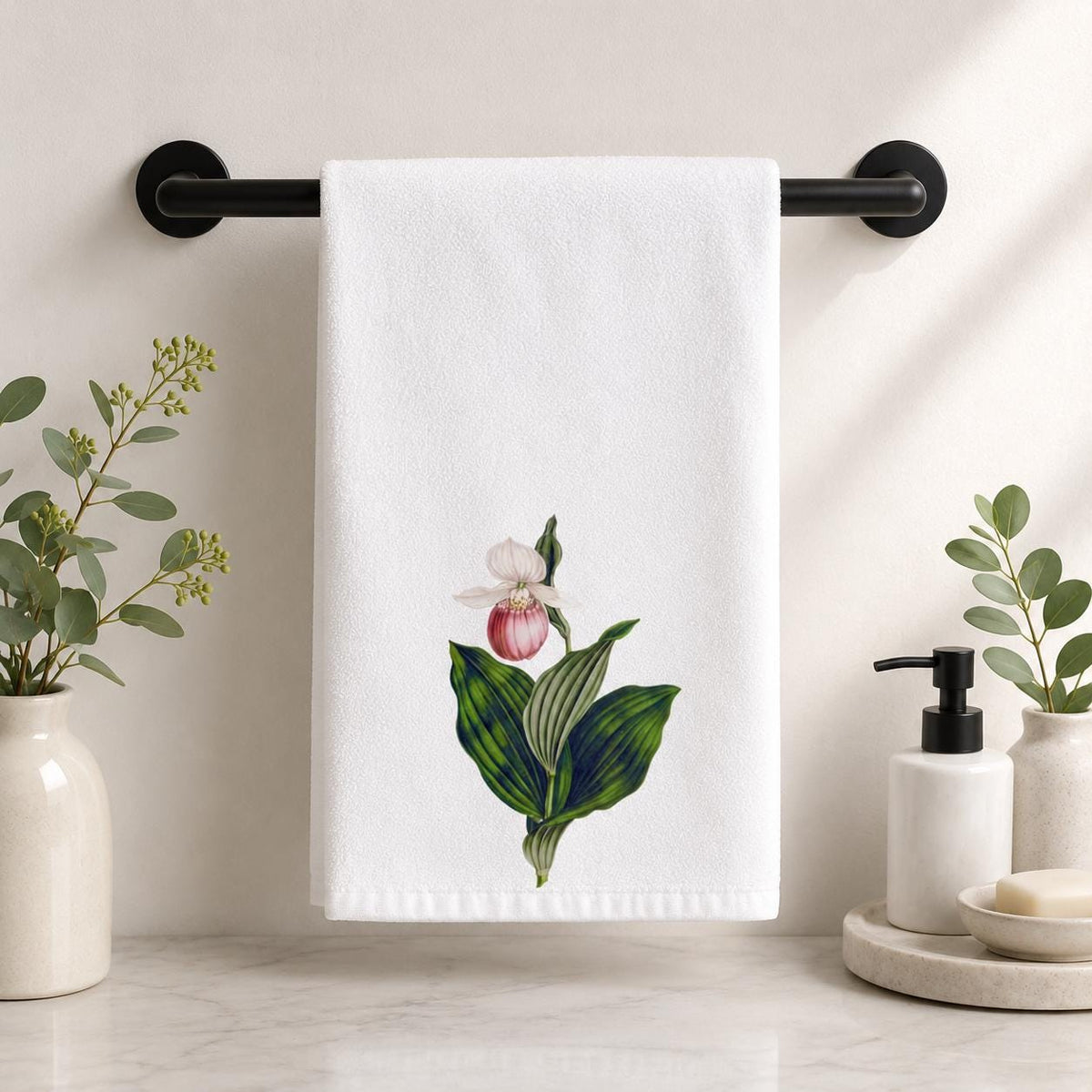 Pink Lady Slipper Hand Towel, Botanical Bathroom Decor, Wildflower Guest Towel, Garden Lover Gift
