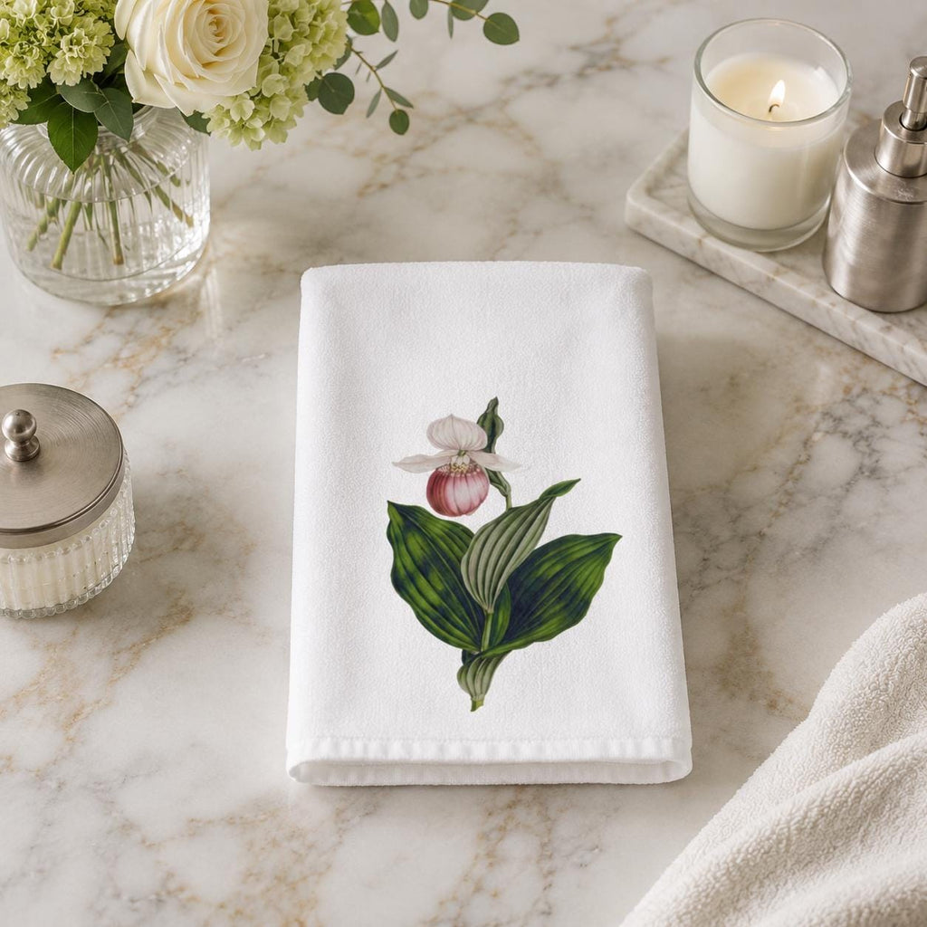 Pink Lady Slipper Hand Towel, Botanical Bathroom Decor, Wildflower Guest Towel, Garden Lover Gift