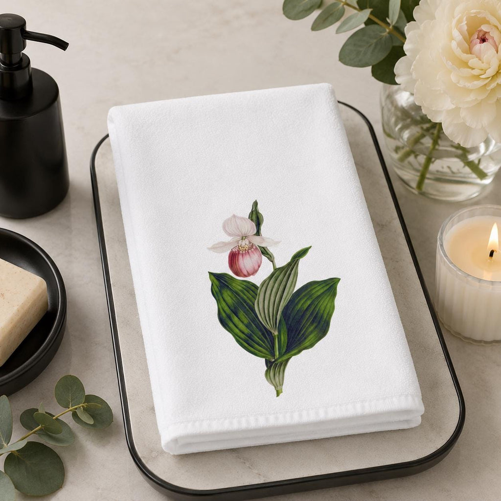 Pink Lady Slipper Hand Towel, Botanical Bathroom Decor, Wildflower Guest Towel, Garden Lover Gift
