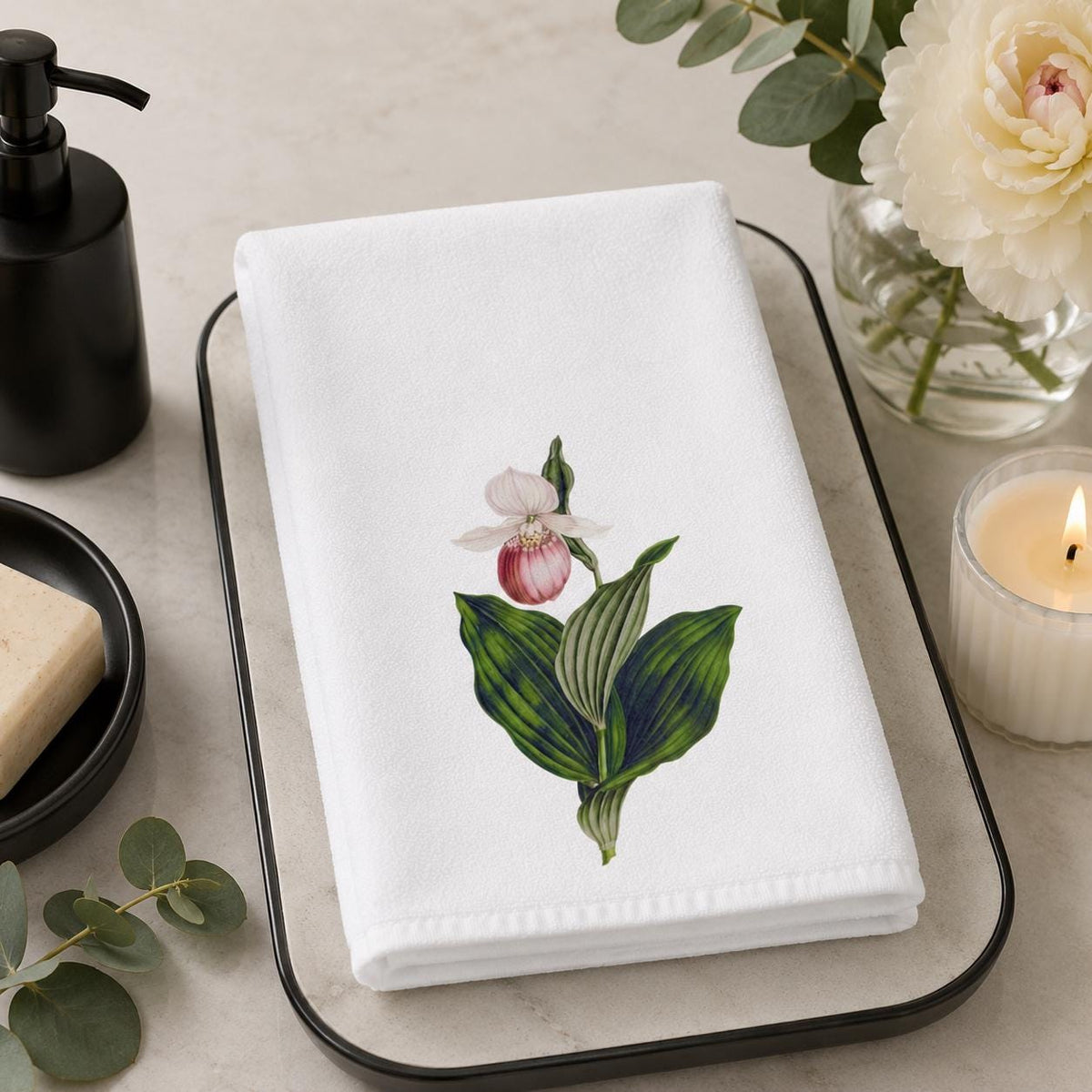 Pink Lady Slipper Hand Towel, Botanical Bathroom Decor, Wildflower Guest Towel, Garden Lover Gift