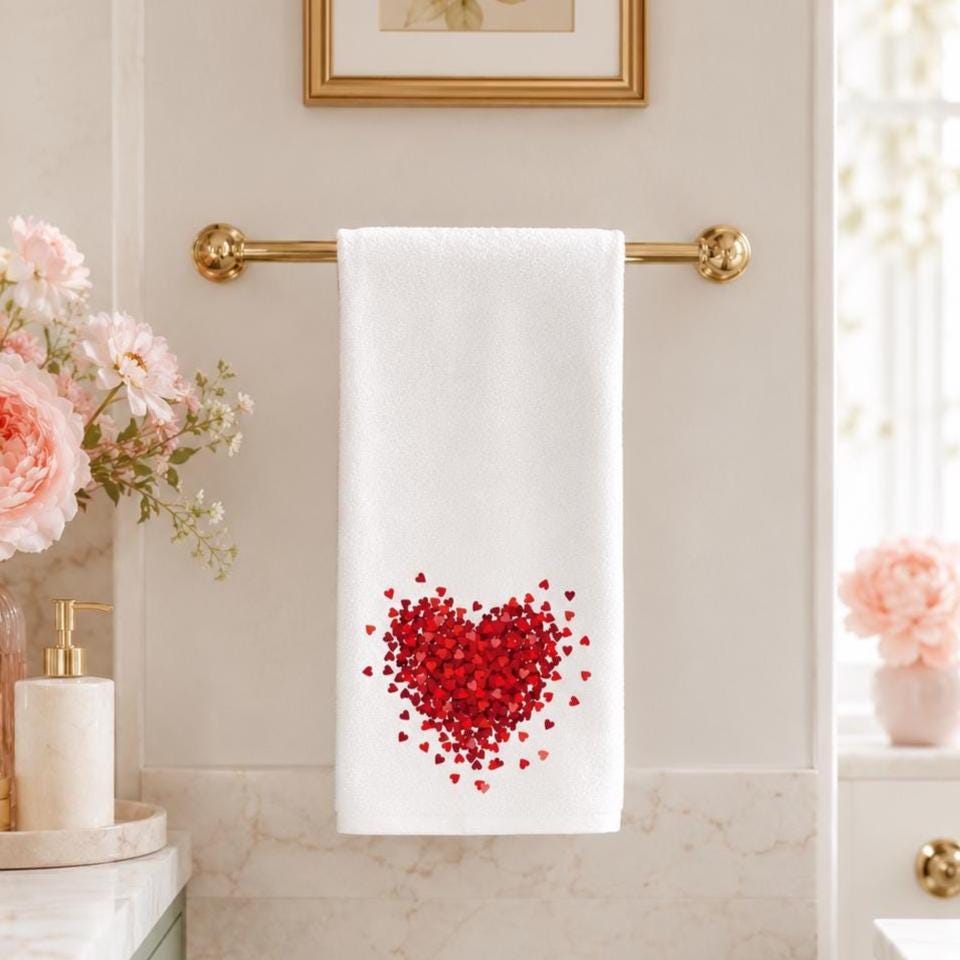 Red Heart Hand Towel, Valentine Bathroom Decor, White Romantic Accent