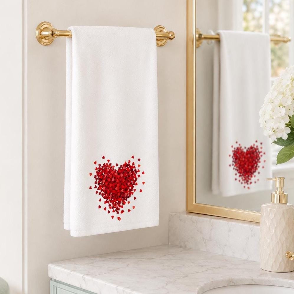 Red Heart Hand Towel, Valentine Bathroom Decor, White Romantic Accent