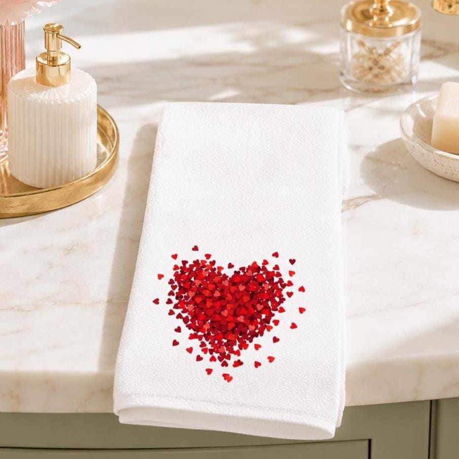 Red Heart Hand Towel, Valentine Bathroom Decor, White Romantic Accent