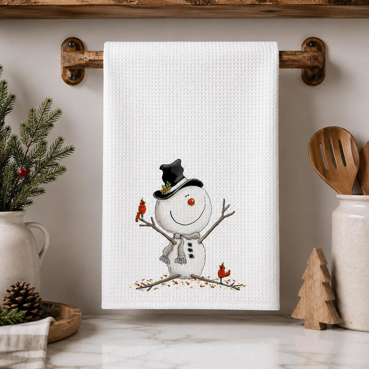 Christmas Tea Towel, White Microfiber Waffle Weave with Snowman and Cardinals
