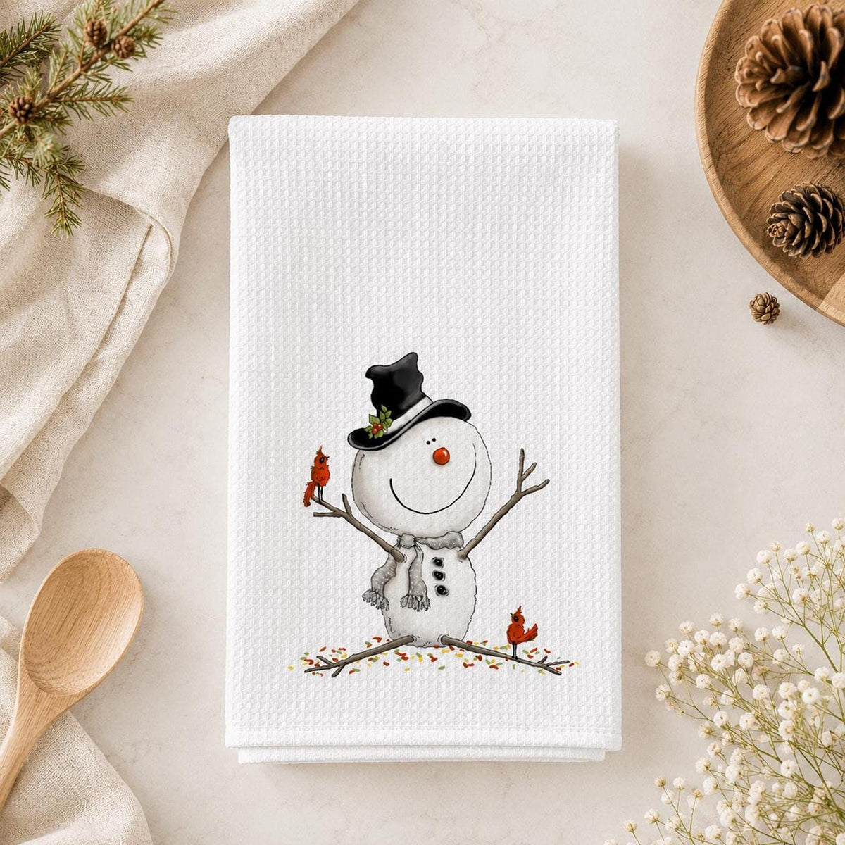 Christmas Tea Towel, White Microfiber Waffle Weave with Snowman and Cardinals