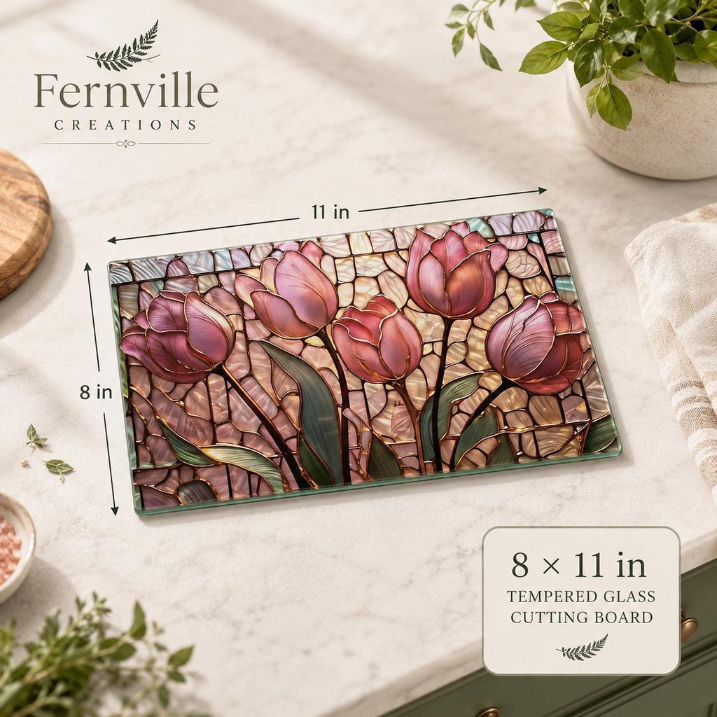 Glass Cutting Board, Pink Tulip Design, 8 × 11 or 11 × 15 in, Four Rubber Feet