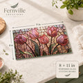 Glass Cutting Board, Pink Tulip Design, 8 × 11 or 11 × 15 in, Four Rubber Feet