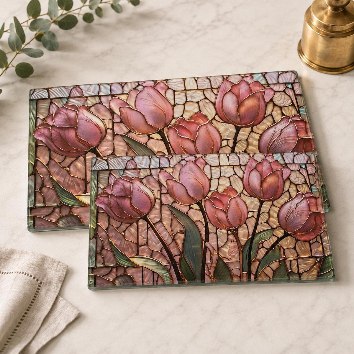 Glass Cutting Board, Pink Tulip Design, 8 × 11 or 11 × 15 in, Four Rubber Feet