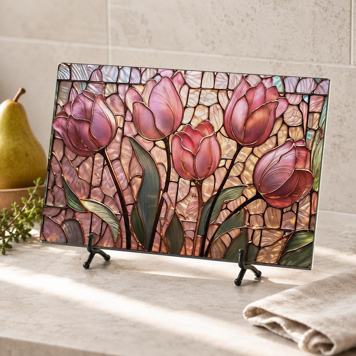 Glass Cutting Board, Pink Tulip Design, 8 × 11 or 11 × 15 in, Four Rubber Feet