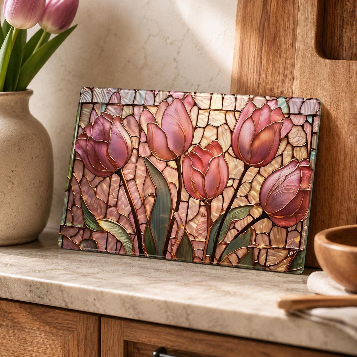 Glass Cutting Board, Pink Tulip Design, 8 × 11 or 11 × 15 in, Four Rubber Feet