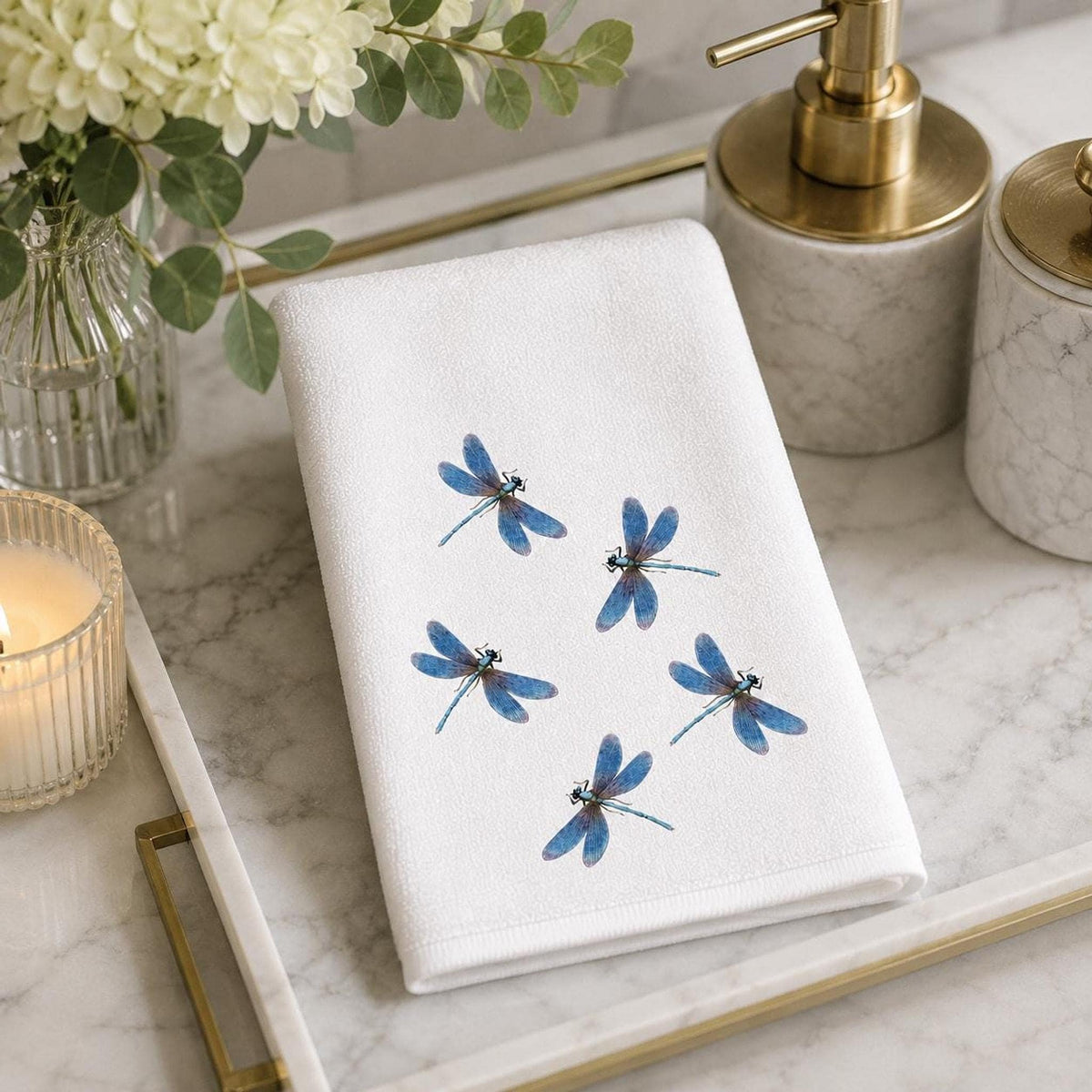 Powder Room Decor Blue Dragonfly Fingertip Towel, 11 × 18-Inch Cotton Terry Back